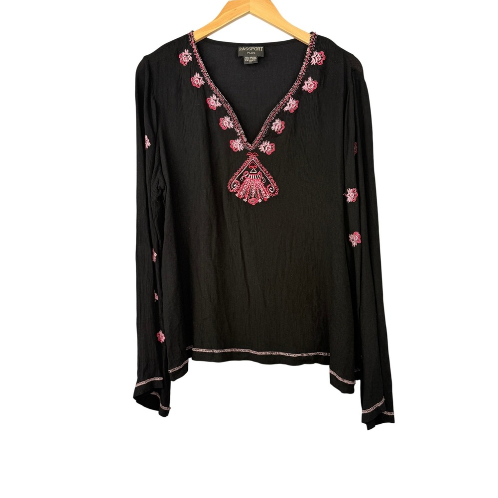 Passport Plus Peasant Top Women 1X Black Pink Embroidered V-Neck Long Sleeve